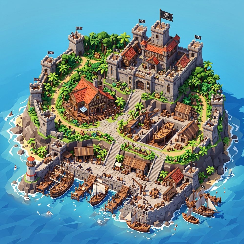 Concept art of a fortified pirate island with docks, ships, a tavern and a lighthouse