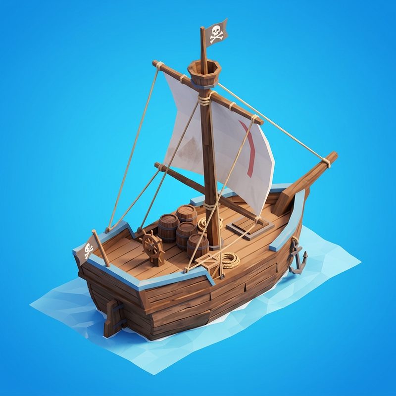 Concept art of a small wooden pirate sloop with a skull flag